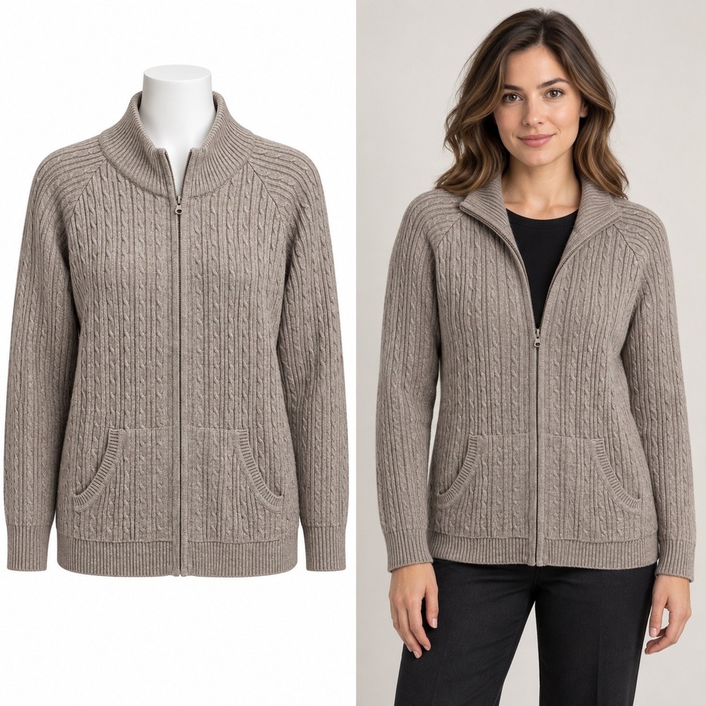 Hanna & Gracie Cardigan Size Large Tan Cable Knit Full Zip Mock Neck Sweater NWT